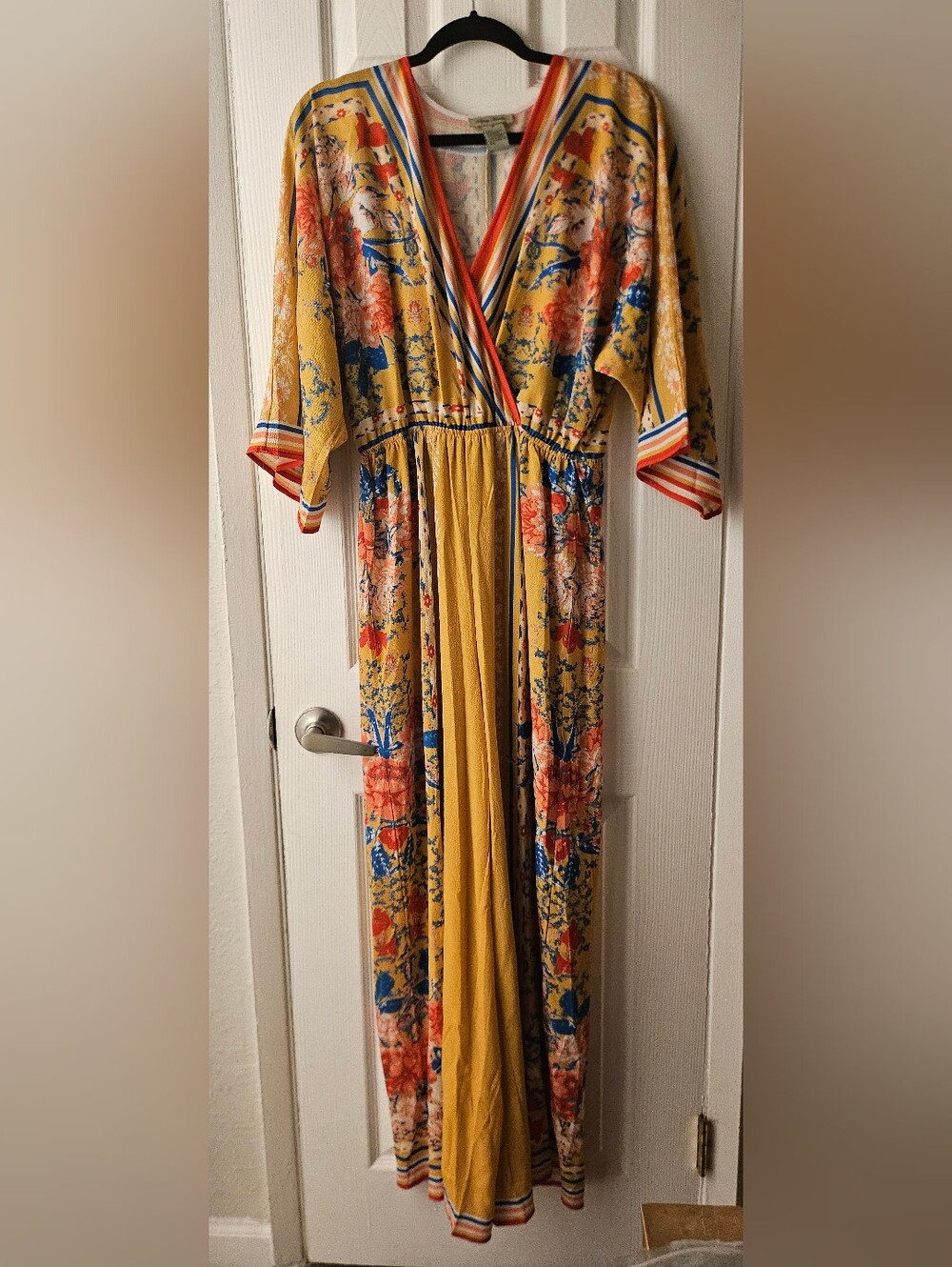 Yellow Floral Wrap Maxi Pant Dress with Stripe Trim